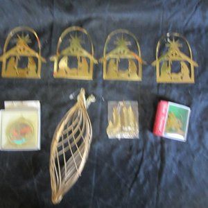SET OF 8 METAL ORNAMENTS, CUTOUTS, HOLOGRAM, CAGE, BRASS, GOLDTONE METAL